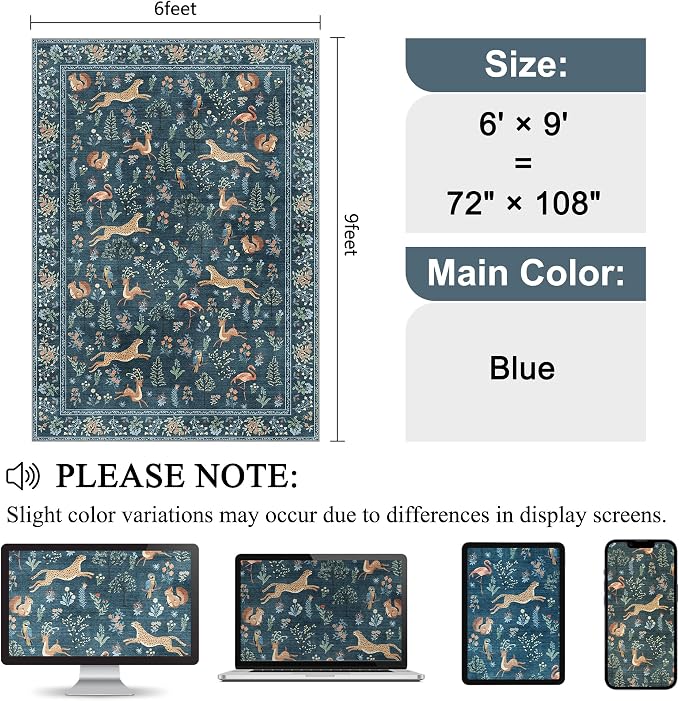 DUKINO 6x9 Rug, Washable Animal Living Room Rug with Non Slip Vintage Design, Soft Low Pile Large Carpet for Bedroom, Nursery, Dining Room, Farmhouse, Playroom, Blue