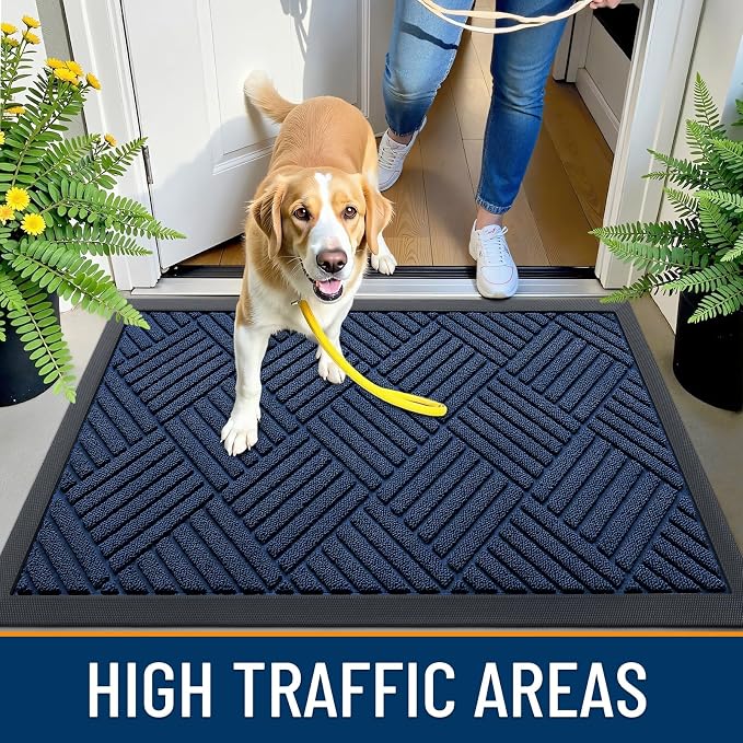 OLANLY Front Door Mat Outside Entrance 47x17, Absorbent, Heavy Duty Sturdy Natural Rubber Doormat Indoor Outdoor, Stain Fade Resistant, Non-Slip Low Profile Floor Mat for Entryway, Navy Blue Diamond