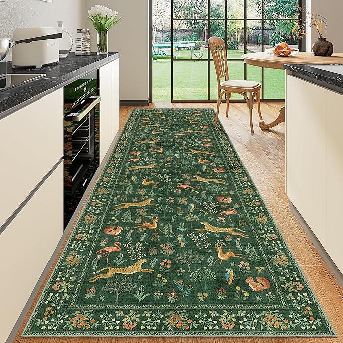 DUKINO 3x10 Washable Runner Rug for Hallway, Lightweight Long Kitchen Rug with Low Pile Design, Vintage Animal Non Shedding Thin Indoor Carpet for Entryway, Bathroom, Bedroom, Laundry Room, Green