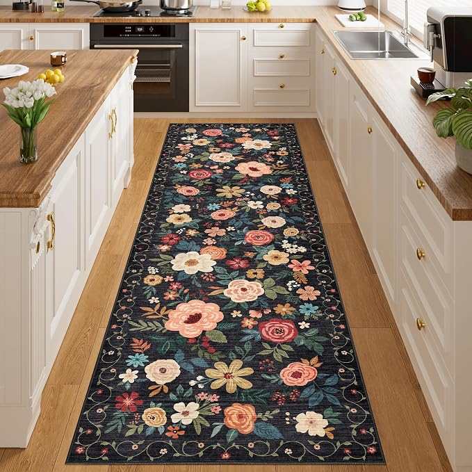 DUKINO 3x10 Runner Rug for Hallway, Washable Kitchen Floral Runner Rug with Non Slip Backing, Low Pile Soft Boho Carpet for Kitchen, Hallway, Entryway, Laundry, Bedroom, Black