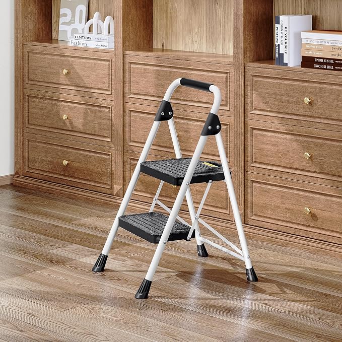 KINGRACK 2 Step Ladder, Folding Step Stool with Comfortable Handrail, Wide Anti-Slip Pedals & Safe-Lock Design, 800lbs Load Capacity, Sturdy Steel Portable Ladder, Perfect for Home and Kitchen, White