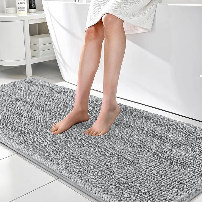 OLANLY Thick Bathroom Runner Rugs 70x24, Absorbent Chenille Striped Bath Rugs, Rubber Backing, Machine Wash, Extra Long Bath Mats for Bathroom Floor, Tub and Shower, Home Decor Accessories, Light Grey