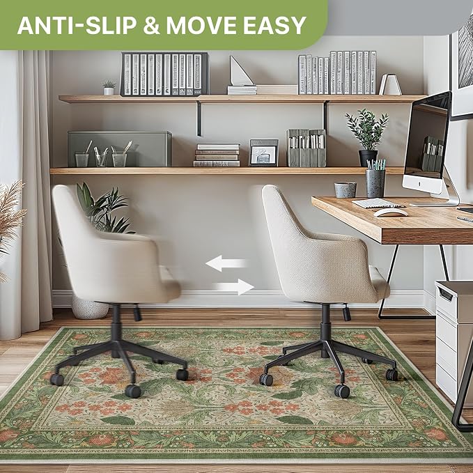 36"x48" Office Chair Mat for Hardwood Tile Floor, Under Desk Carpet Protector for Rolling Computer Chair Mat, Machine Washable Area Rug, Anti-Slip 1/5" Thick Low Pile Thin Vinyl Floor Mat, Sage Green