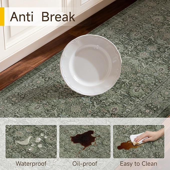 PureCozy Kitchen Mats 2PCS Anti Fatigue Cushioned Mat Green Vintage Kitchen Mats for Floor Waterproof Non Slip Comfort Standing Distressed Rug for Sink Laundry Office 17.3"x59"+17.3"x30"