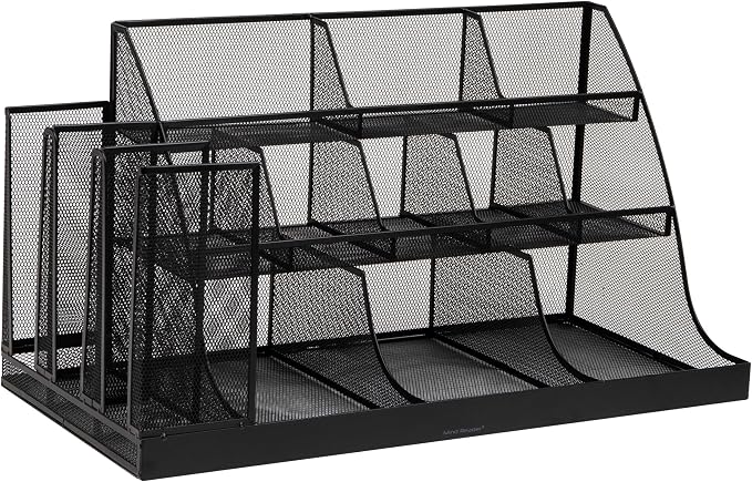 Mind Reader Cup and Condiment Station, Breakroom Countertop Organizer, 3-Tier Storage for Office Coffee Stations and Shared Spaces, Metal Mesh, Black