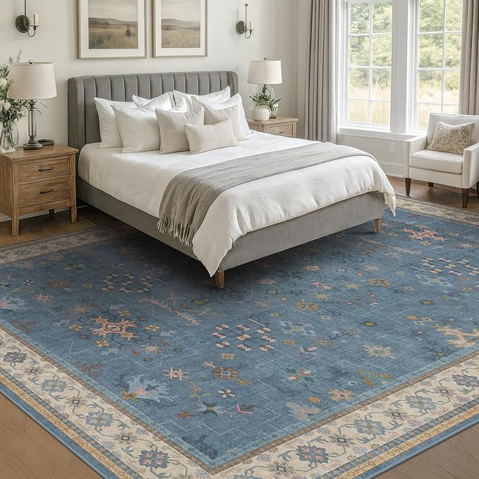 Hazo Haus Boho 8x12 Large Area Rugs for Living Room - Eclectic Dusky Blue Rug for Bedroom Under Bed, Dining Room Under Kitchen Table, Washable Soft Non Slip Unique Colorful Indoor Décor