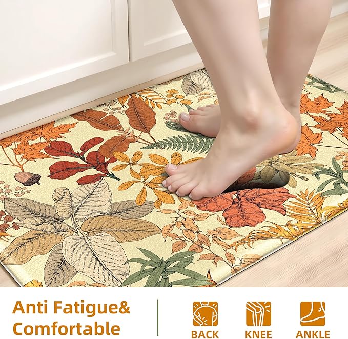 Orange Brown Botanical Kitchen Rugs Set of 2 Fall Maple Anti-Fatigue Kitchen Mat Natural Comfort Standing Waterproof PVC Mats 2/5" Thick Leather Carpet for Laundry Office Sink(17.3"x28"+ 17.3"x47")