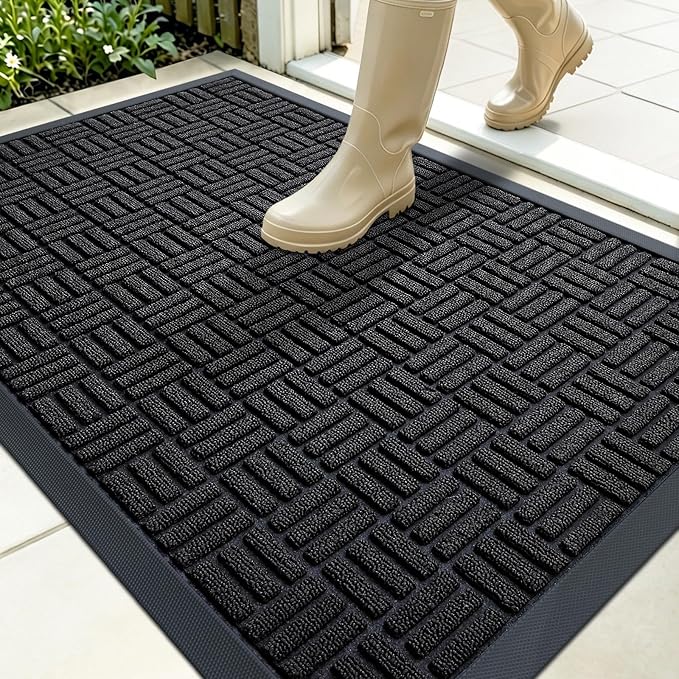 OLANLY Front Door Mat Outside Entrance 35x23, Absorbent, Heavy Duty Sturdy Natural Rubber Doormat Indoor Outdoor, Stain and Fade Resistant, Non-Slip Backing Low Profile Floor Mat for Entryway, Black