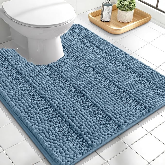 OLANLY Thick Toilet Rugs U-Shaped 24x20, Extra Soft Absorbent Chenille Striped Contour Bathroom Rugs for Toilet, Dry Quickly, Machine Washable, Non-Slip Bath Mat, Airy Blue