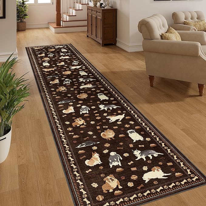 DUKINO 2x10 Runner Rug for Hallway, Washable Animal Dog Print Kitchen Rug with Low Pile, Soft Non Slip Indoor Non Shedding Long Carpet Runner for Entryway, Bedroom, Bathroom, Laundry, Brown