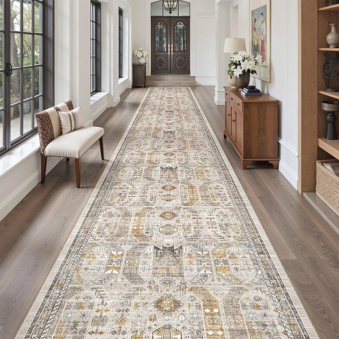 Madane 3x20 Hallway Runner Rug - Extra Long Carpet Runners for Hallways 20ft Non Slip Stain Resistant Rugs Runner for Living Room Bedroom 20 Feet Distressed Floor Carpet for Kitchen, Brown/Gold