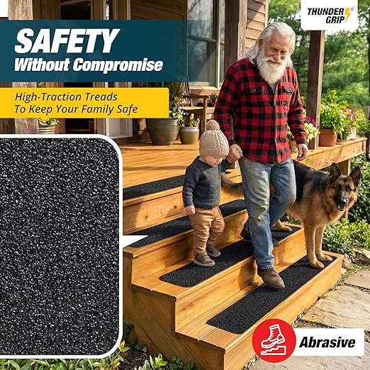 THUNDER GRIP Outdoor Stair Treads - Non Slip 30" x 6" - 12-Pack Weather Resistant Exterior Grip Tape - Anti Skid Strips - Waterproof 80-Grit Adhesive Treads