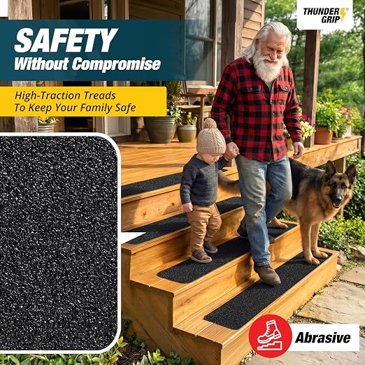 Thunder Grip Outdoor Stair Treads Non Slip 30" x 6" - 15-Pack Weather Resistant Exterior Grip Tape for Wooden Steps - Anti Skid Strips - Waterproof 80-Grit Adhesive Treads