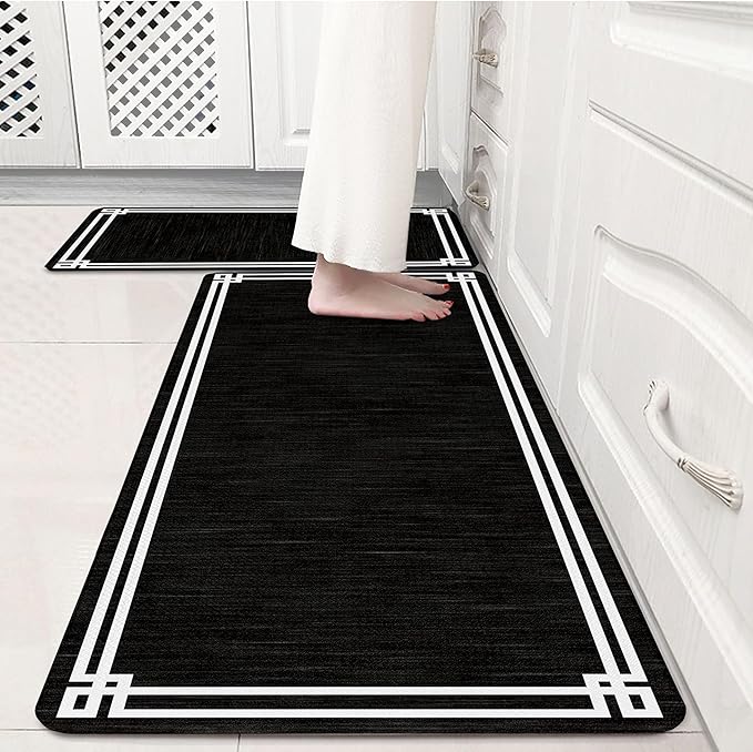 Black Retro Elegance Frame Textured Kitchen Rug Sets [2 PCs], Anti-Fatigue, Waterproof Non-Slip Kitchen Mats Heavy Duty Comfort Foam Rug for Kitchen, Floor, Laundry,17"x29"+17"x47"