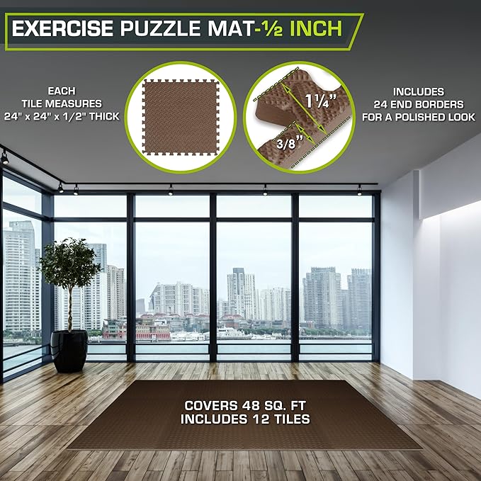 ProsourceFit Exercise Puzzle Mat 1/2-inch, EVA Interlocking Foam Floor Tiles for Home Gym, Workout Equipment, Kids Play Areas, Brown, 48 Sq Ft - 12 Tiles