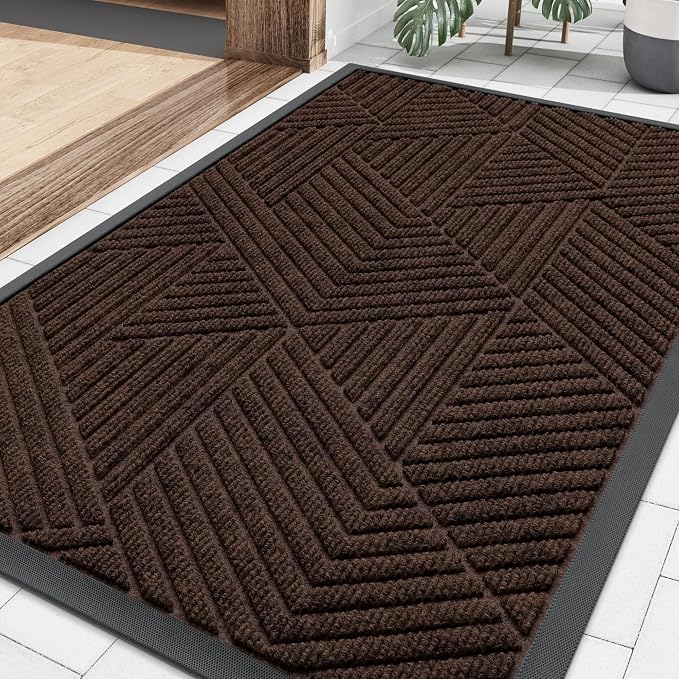 Smiry Front Door Mat Outside Entrance, Heavy Duty Sturdy Natural Rubber Doormat, Trap Dirt and Moisture, Easy Clean Low Profile Mats for Indoor Outdoor Entry, Irregular Triangle (29.5x17, Dark Brown)