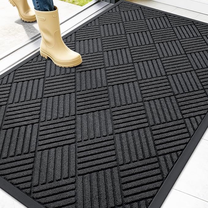 OLANLY Front Door Mat Outside Entrance 47x32, Absorbent, Heavy Duty Sturdy Natural Rubber Doormat Indoor Outdoor, Stain and Fade Resistant, Non-Slip Low Profile Floor Mat for Entryway, Black Diamond