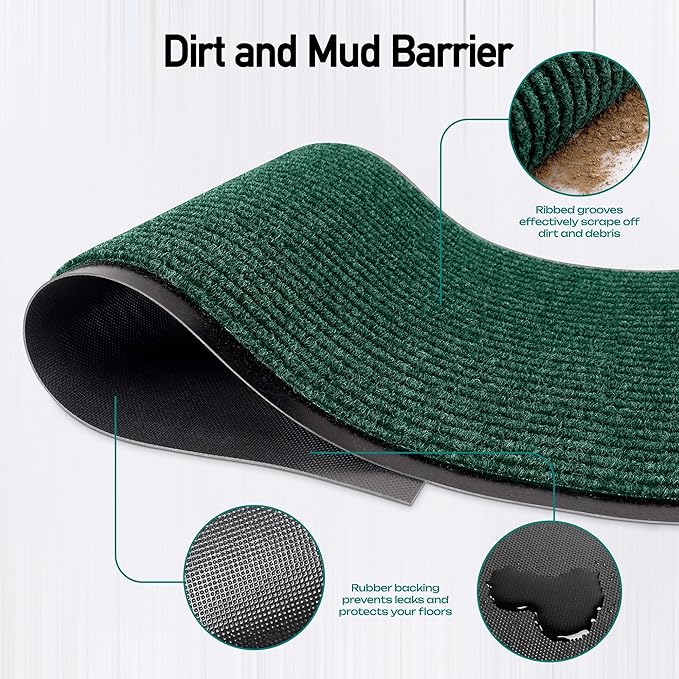 MaxMat® Oversized Rubber Door Mat - Heavy Duty, Waterproof, Low-Profile, Easy to Clean, Commercial Floor Mat (4 x 16 Feet, Green, MXM-RIB0316BK)