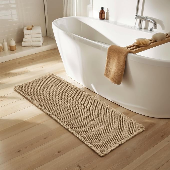 SUBRTEX Waffle Braided Bath Mat, 24" x 60" Soft Waffle Bath Rugs, Absorbent Non Slip Bathrooom Mats, Machine Washable Area Rug for Bathroom, Quick Dry, Khaki
