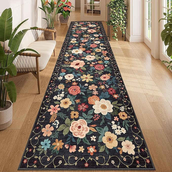 DUKINO 3x12 Washable Runner Rug, Non Slip Soft Floral Hallway Runner Rug with Non Shedding Design, Low Pile Long Floor Carpet for Kitchen, Hallway, Bathroom, Entryway, Laundry, Black