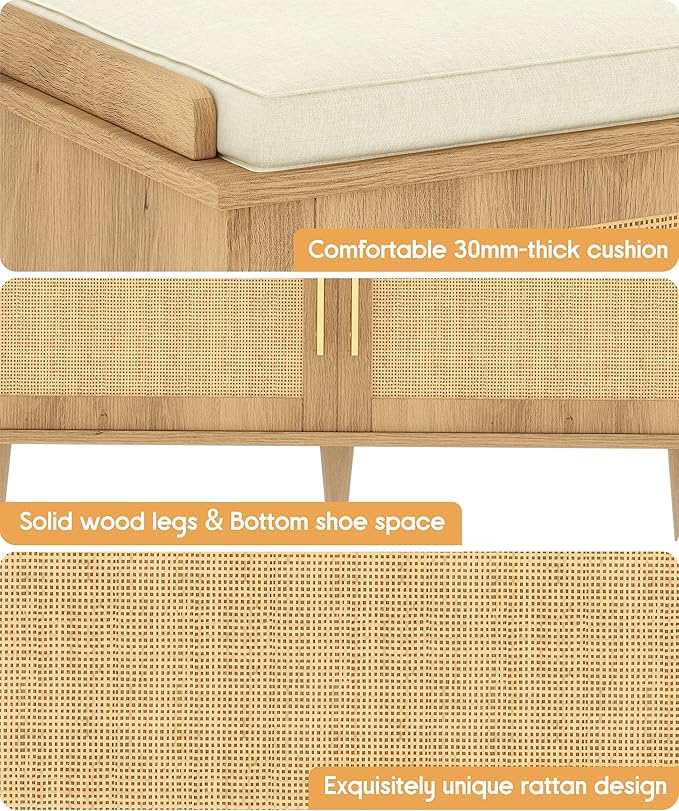 Akxomel Rattan Shoe Storage Bench with Cushion, 2-Tier Entryway Bench with Adjustable Shelves and 2 Doors, 15" D x 31.5" W x 20" H, Solid Wood Legs, for Hallway, Living Room, Bedroom, Natural Oak