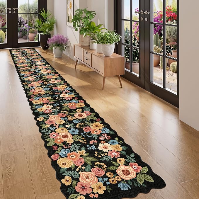 DUKINO 2x14 Hallway Runner Rug, Non Slip Floral Washable Runner Rug for Kitchen, Boho Low Pile Thin Indoor Long Carpet for Hallways, Entryway, Bathroom, Kitchen, Bedroom, Black