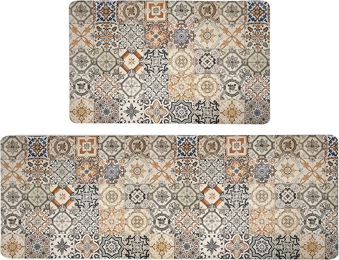 Boho Kitchen Rugs Set 2 Memory Foam Colorful Ceramic Comfort Tile Floor Mat Anti Fatigue Non-Skid PVC Runner Rug Water & Oil Proof Carpet for Kitchen Laundry Sink,17.3x28+17.3x47 Inch, C3