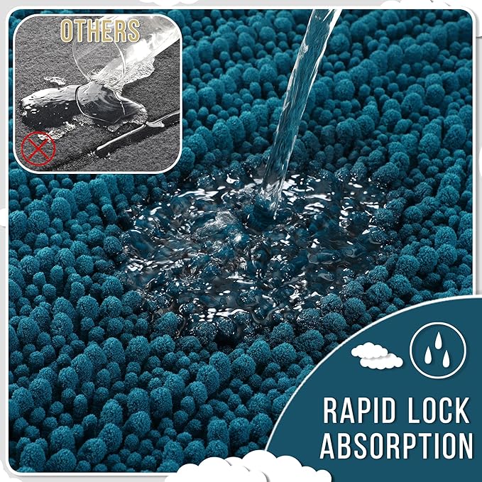 Yimobra Long Bathroom Rugs Non Slip Washable 44x24 Inch - Ultra Soft Absorbent Chenille Bath Mat, Quick Dry Shaggy Floor Carpet for Tub Shower, Peacock Blue Home Decor Accessories