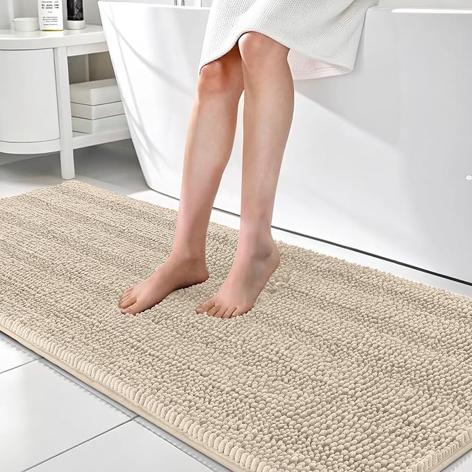 OLANLY Thick Bathroom Runner Rugs 70x24, Absorbent Chenille Striped Bath Rugs, Rubber Backing, Machine Wash Dry, Extra Long Bath Mats for Bathroom Floor, Tub and Shower, Home Decor Accessories, Sand