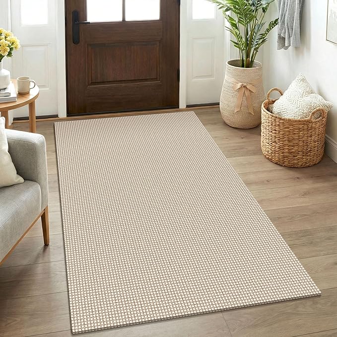 KOZYFLY Rugs for Entryway 3x5 ft Washable Area Rug Non Slip Rubber Backed Entry Rug Woven Indoor Door Mat Cotton Kitchen Rugs for Entryway, Foyer, Backdoor, Ivory/Camel/Brown