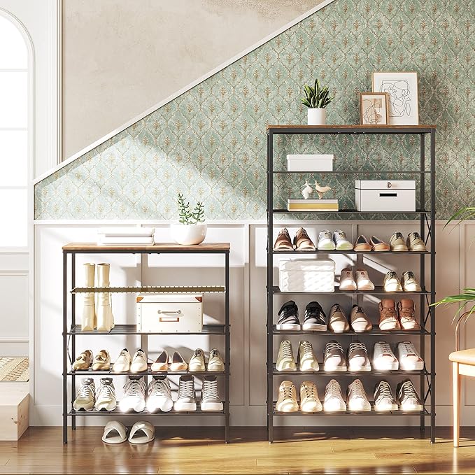YATINEY 5-Tier Shoe Rack, Shoe Storage for Entryway and Closet, Free Standing Shoe Organizer with Metal Mesh Shelves, 16-20 Pairs of Shoes, Rustic Brown and Black SS05BR