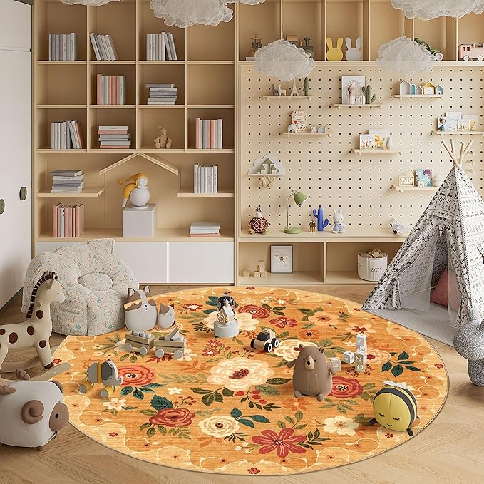 DUKINO Floral Round Rug, 6ft Washable Circle Rug, Non Slip Indoor Low Pile Circle Rug, Soft Small Boho Design Carpet for Bedroom, Entryway, Living Room, Dining Room, Orange