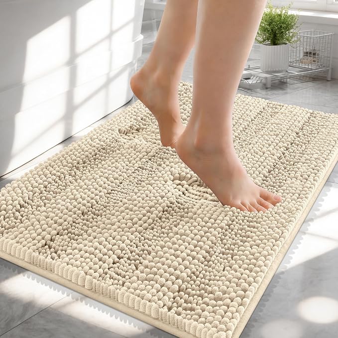 OLANLY Thick Small Bathroom Rugs 24x16, Extra Soft Absorbent Chenille Striped Bath Rugs, Rubber Backing, Machine Wash, Bath Mats for Bathroom Floor, Tub and Shower, Home Decor Accessories, Sand