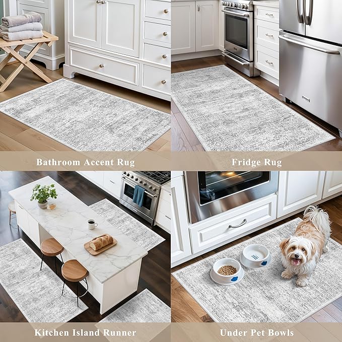 Washable Non-Slip 3 Piece Kitchen Rugs Set – Modern Boho Low-Pile Area Rugs and Runner for Entryway Bathroom Hallway – Decorative Small Indoor Rugs (Grey Ivory, 2x3+2x4+2x5)