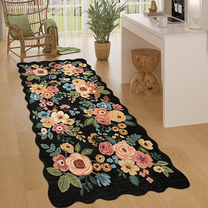 DUKINO 3x6 Washable Runner Rug, Soft Indoor Floral Non Slip Runner Rug for Hallways, Lightweight & Low Pile Floor Carpet for Kitchen, Entryway, Hallway, Bathroom, Laundry, Bedroom, Black