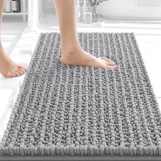 OLANLY Bathroom Rug Mat 24x16, Thick Soft and Absorbent Chenille Bath Mat, Non-Slip Rubber Backing, Machine Washable Quick Dry Bath Rugs for Tub Shower Floor, Home Decor Accessories, Grey