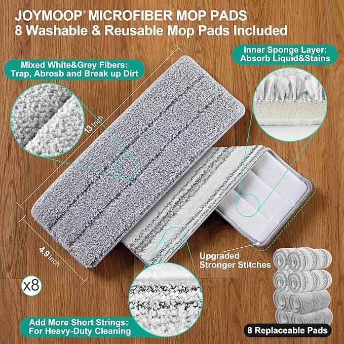 JOYMOOP Flat Mop System, Microfiber Mop and Bucket Set, Green, Household & Commercial Floor Cleaning Mop, Includes 2 Mops and 8 Large Microfiber Pads