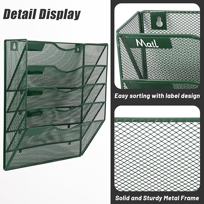 EASEPRES 5 Pocket Mesh Hanging File Organizer, Wall Mounted Mail Paper Document Folder Holder, Clipboard Storage Organization Magazine Rack with Nametag Label for Office Home School, Dark Green