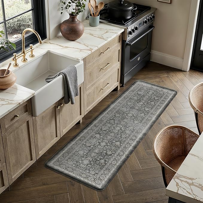 PureCozy Kitchen Mats 2PCS Anti Fatigue Cushioned Mat Black Vintage Kitchen Mats for Floor Waterproof Non Slip Comfort Standing Distressed Rug for Sink Laundry Office 17.3"x59"+17.3"x30"