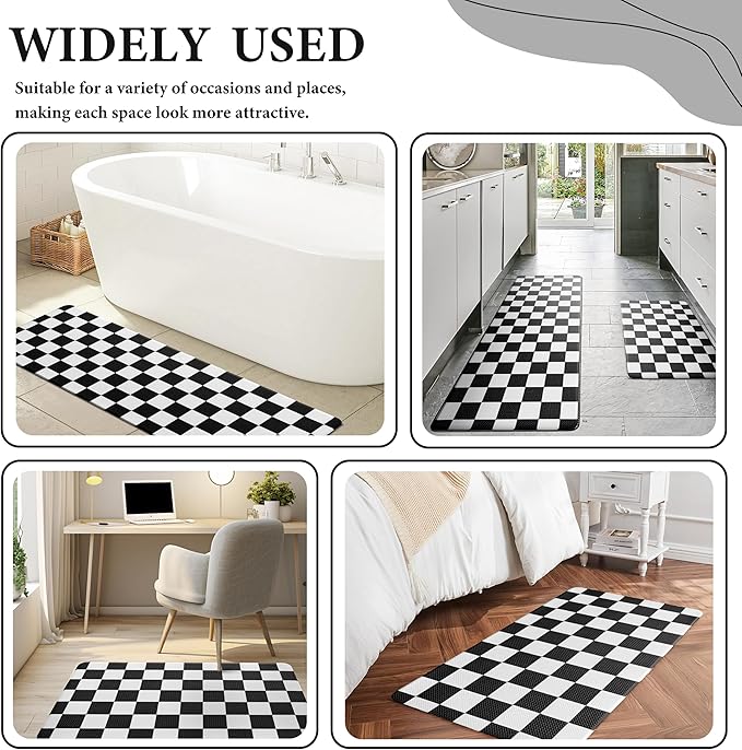 Black Checkered Grid Checkerboard Kitchen Rug, Anti-Fatigue, Waterproof Non-Slip Kitchen Mats Heavy Duty Ergonomic Comfort Foam Rug for Floor, Home, Laundry,17.3"x47"