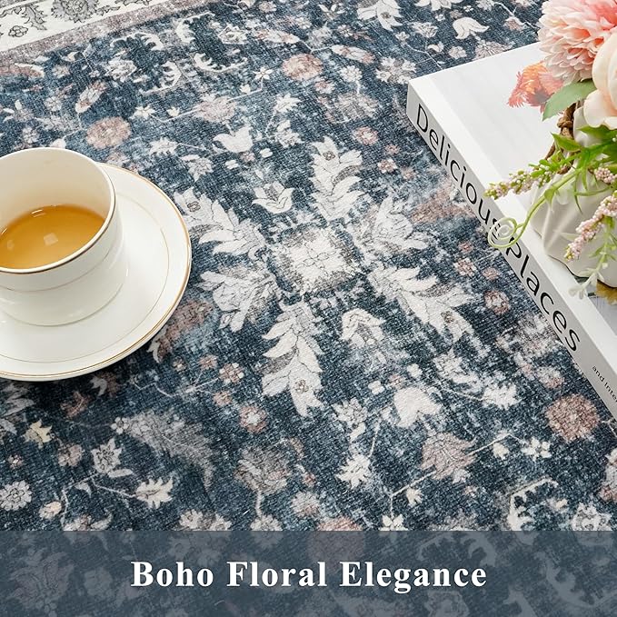 2x6ft Washable Hallway Carpet Runner – Non-Skid Floor Runner Rug for Kitchen Indoor Entryway Bedroom Bathroom Bedside – Boho Vintage Soft Low-Pile Area Rug (Blue,2x6)