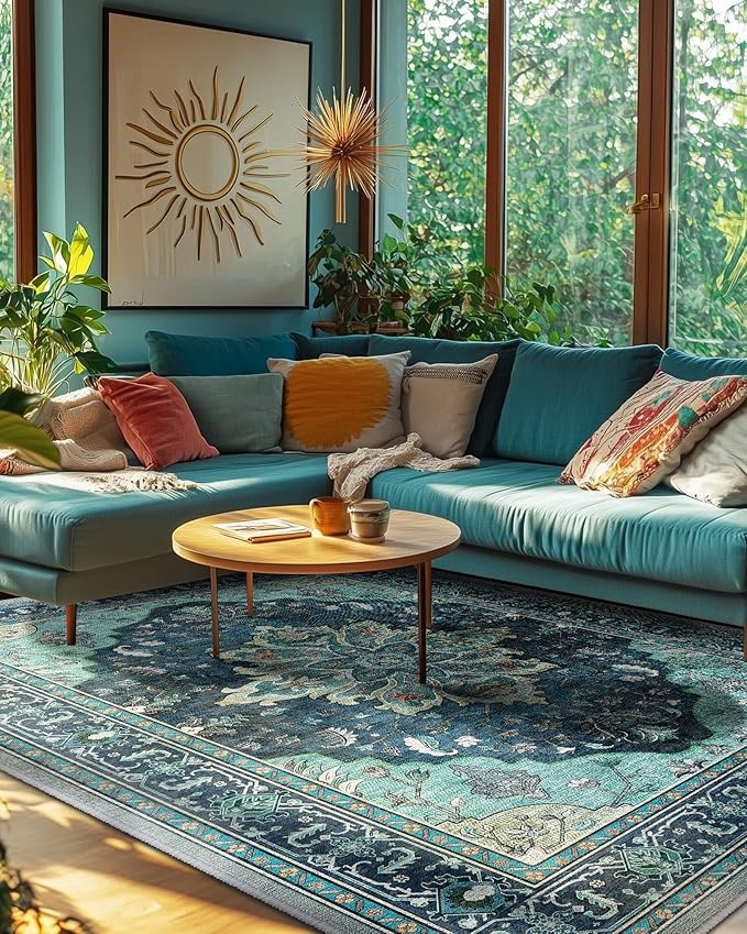 RELEANY Area Rugs 6'x9' Washable Non-Slip, Floral Vintage Distress Medallion Carpet for Living Room Bedroom Dining Room, Teal Green Lake Blue Turquoise
