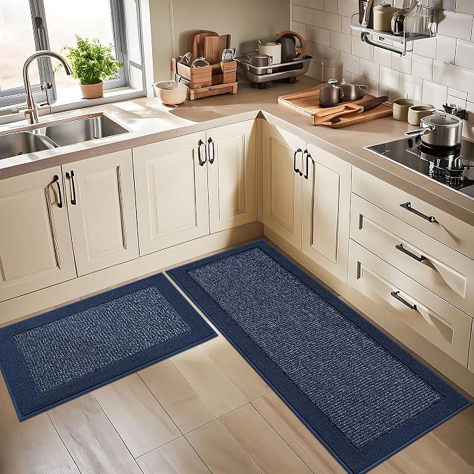 BEQHAUSE Kitchen Rugs and Mats Set of 2 Non-Slip Kitchen Mats for Floor, Absorbent and Stain Resistant Kitchen Runner, Machine Washable Rugs for Kitchen, Laundry & Sink, 20"x32"+20"x48", Blue