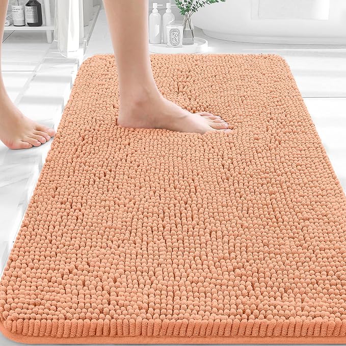 OLANLY Bathroom Rugs 32x20, Extra Soft Absorbent Chenille Bath Rugs, Rubber Backing Quick Dry, Machine Washable Bath Mats for Bathroom Floor, Tub and Shower, Home Decor Accessories, Peach