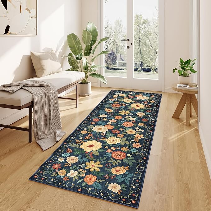 DUKINO 2x6 Runner Rug for Hallway, Washable Kitchen Runner Rug with Non Slip Backing, Low Pile Soft Boho Floral Runner for Kitchen, Hallway, Entryway, Laundry, Bedroom, Dark Blue