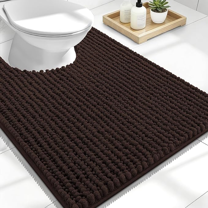 OLANLY Thick Toilet Rugs U-Shaped 24x20, Extra Soft Absorbent Shaggy Chenille Contour Bathroom Rugs for Toilet, Dry Quickly, Machine Washable, Non-Slip Bath Mat, Brown