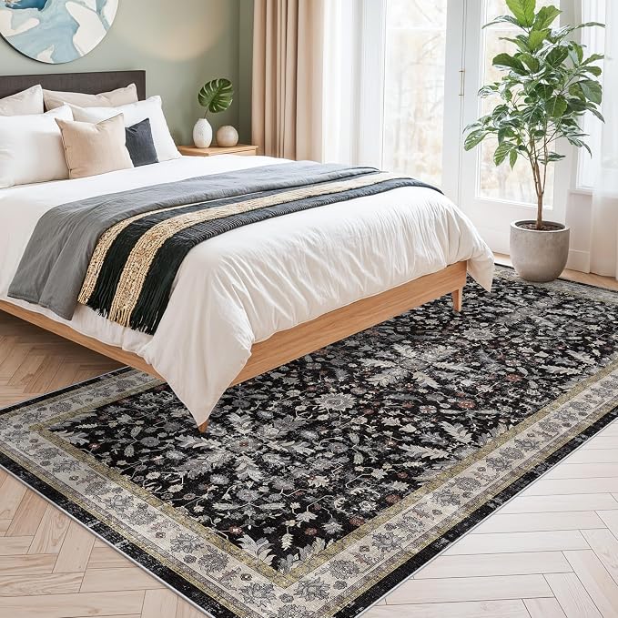4x8 Rug Washable for Entryway Kitchen – Non-Slip Rubber Backed Area Rug for Hallway Bedroom Living Room Office,Boho Floral Low Pile Thin Floor Indoor Mat (Black,4x8)