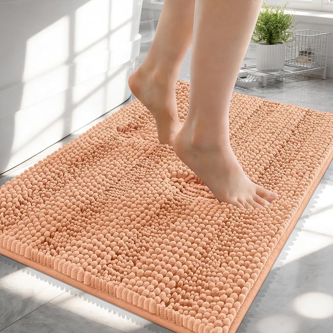 OLANLY Thick Small Bathroom Rugs 24x16, Extra Soft Absorbent Chenille Striped Bath Rugs, Rubber Backing, Machine Wash, Bath Mats for Bathroom Floor, Tub and Shower, Home Decor Accessories, Peach