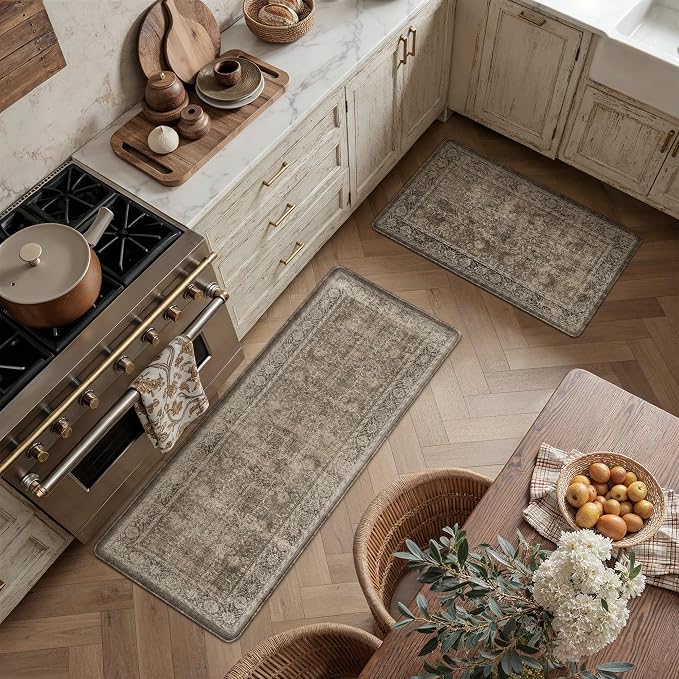 PureCozy Kitchen Mats 2PCS Anti Fatigue Cushioned Mat Brown Vintage Kitchen Mats for Floor Waterproof Non Slip Comfort Standing Distressed Rug for Sink Laundry Office 17.3"x47"+17.3"x30"