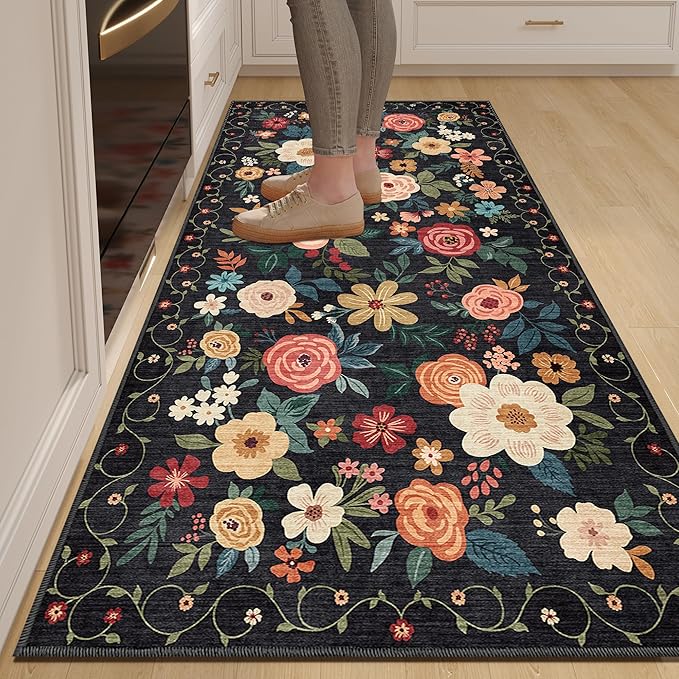 DUKINO 3x6 Runner Rug, Washable Soft Floral Hallway Runner Rug with Non Slip, Low Pile Thin Floor Carpet for Kitchen, Bathroom, Entryway, Laundry, Entryway, Black